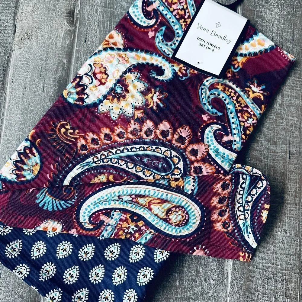 Vera Bradley Paisley Kitchen Dish Towels Set Maroon Navy Blue